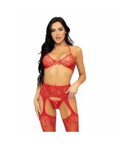 LEG AVENUE - ENSEMBLE TROIS PIÈCES SOUTIEN-GORGE, STRING ET BAS TAILLE UNIQUE - ROUGE