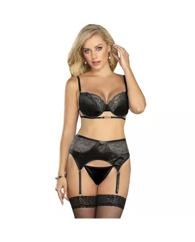 SUBBLIME - ENSEMBLE 3 PIÈCES SOUTIEN-GORGE + STRING + JARRETIÈRE DENTELLE NOIR S/M