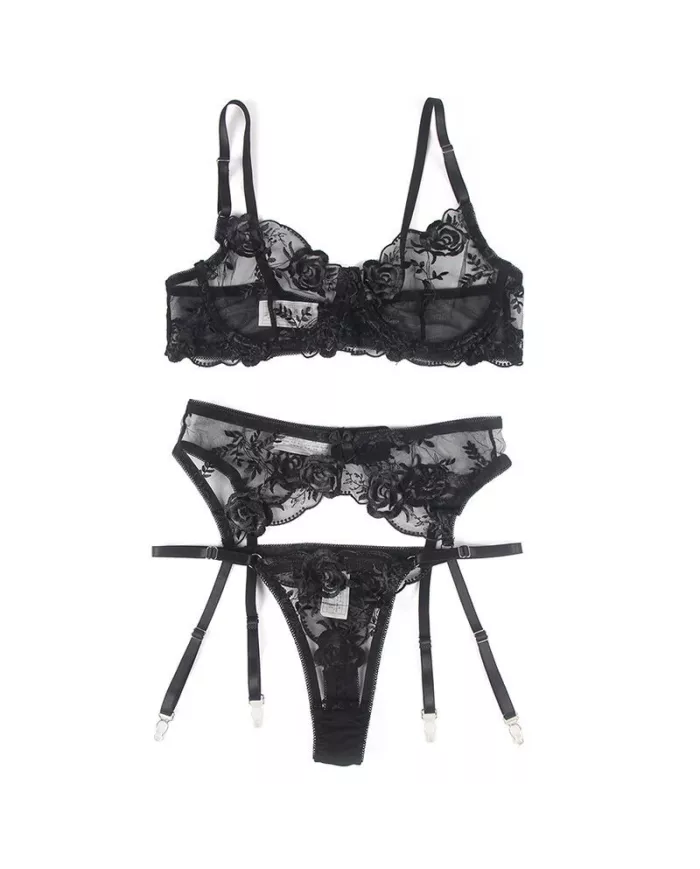 SUBBLIME - ENSEMBLE 3 PIÈCES SOUTIEN-GORGE + STRING + JARRETIÈRE IMPRIMÉ FLORAL NOIR S/M SUBBLIME - ENSEMBLE 3 PIÈCES SOUTIEN-GORGE + STRING + JARRETIÈRE IMPRIMÉ FLORAL NOIR S/M