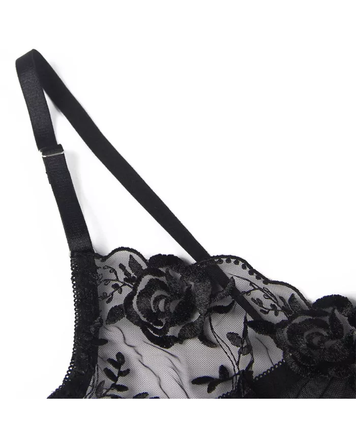 SUBBLIME - ENSEMBLE 3 PIÈCES SOUTIEN-GORGE + STRING + JARRETIÈRE IMPRIMÉ FLORAL NOIR S/M SUBBLIME - ENSEMBLE 3 PIÈCES SOUTIEN-GORGE + STRING + JARRETIÈRE IMPRIMÉ FLORAL NOIR S/M