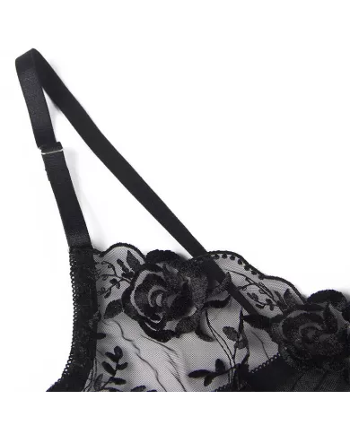 SUBBLIME - LOT 3 PIÈCES SOUTIEN-GORGE + STRING + JARRETIÈRE IMPRIMÉ FLORAL NOIR L/XL
