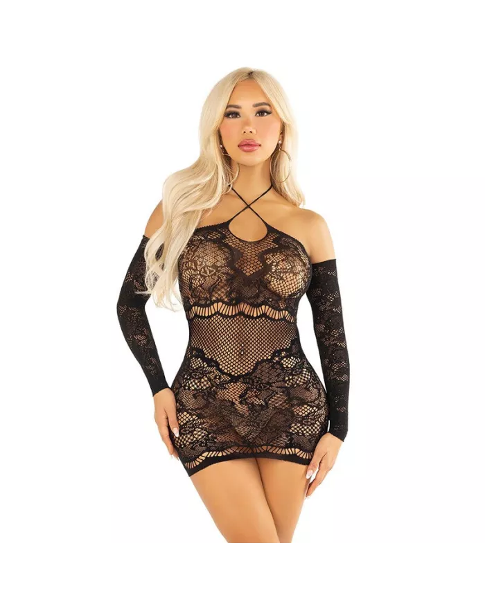 LEG AVENUE - ROBE MINI EN MAILLE À ÉPAULES DÉNUDÉES ET À MANCHES LONGUES NOIRE