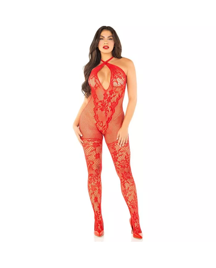 LEG AVENUE - BODYSTOCKING EN MAILLE IMPRIMÉ FLEURI ROUGE TAILLE UNIQUE