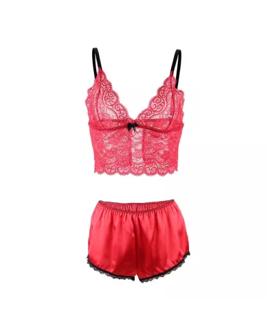 SUBBLIME - 953898 CHEMISIER DE NUIT EN SOIE ET DENTELLE + CULOTTE ROUGE S/M