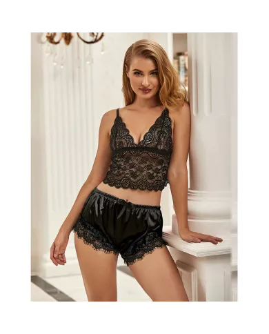 SUBBLIME - 953942 CHEMISE DE NUIT DÉCONTRACTÉE EN SOIE + PANTALON EN DENTELLE NOIR L/XL