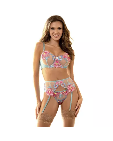 SUBBLIME - 954109 SOUTIEN-GORGE + CULOTTE AVEC PORTE-JARRETELLES MOTIF FLORAL BLEU S/M