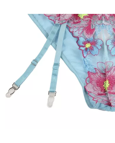 SUBBLIME - 954109 SOUTIEN-GORGE + CULOTTE AVEC PORTE-JARRETELLES MOTIF FLORAL BLEU S/M