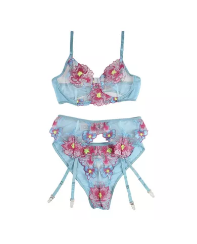 SUBBLIME - 954116 SOUTIEN-GORGE + CULOTTE AVEC PORTE-JARRETELLES MOTIF FLORAL BLEU L/XL
