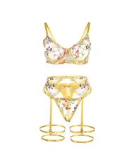 SUBBLIME - 954345 SOUTIEN-GORGE + STRING + PORTE-JARRETELLES MOTIF FLORAL JAUNE S/M
