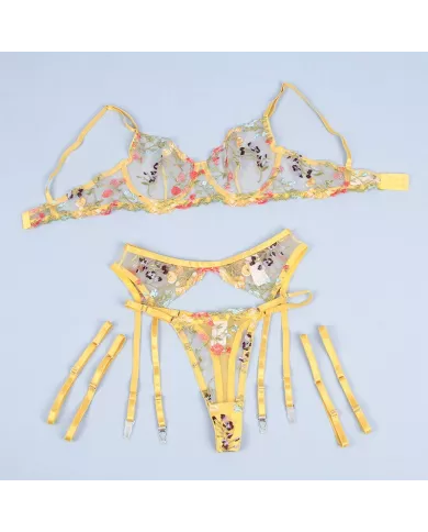 SUBBLIME - 954345 SOUTIEN-GORGE + STRING + PORTE-JARRETELLES MOTIF FLORAL JAUNE S/M