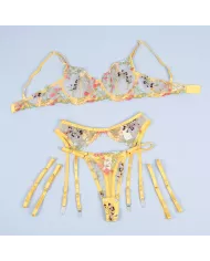 SUBBLIME - 954345 SOUTIEN-GORGE + STRING + PORTE-JARRETELLES MOTIF FLORAL JAUNE S/M