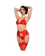 CHILIROSE - CR 4848 ENSEMBLE SOUTIEN-GORGE + STRING + BAS EN DENTELLE ROUGE S