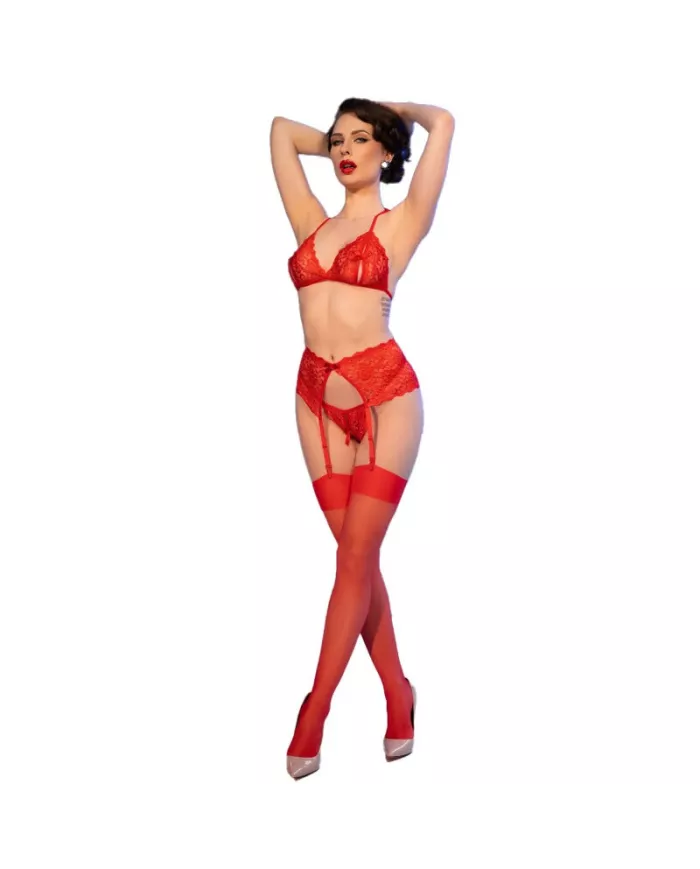 CHILIROSE - CR 4848 ENSEMBLE SOUTIEN-GORGE + STRING + BAS EN DENTELLE ROUGE S