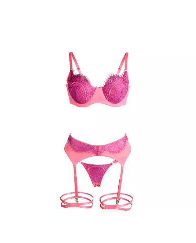 SUBBLIME - 955359 ENSEMBLE SOUTIEN-GORGE AVEC DENTELLE ET LIENS JARRETELLES ROSE ET VIOLET S/M