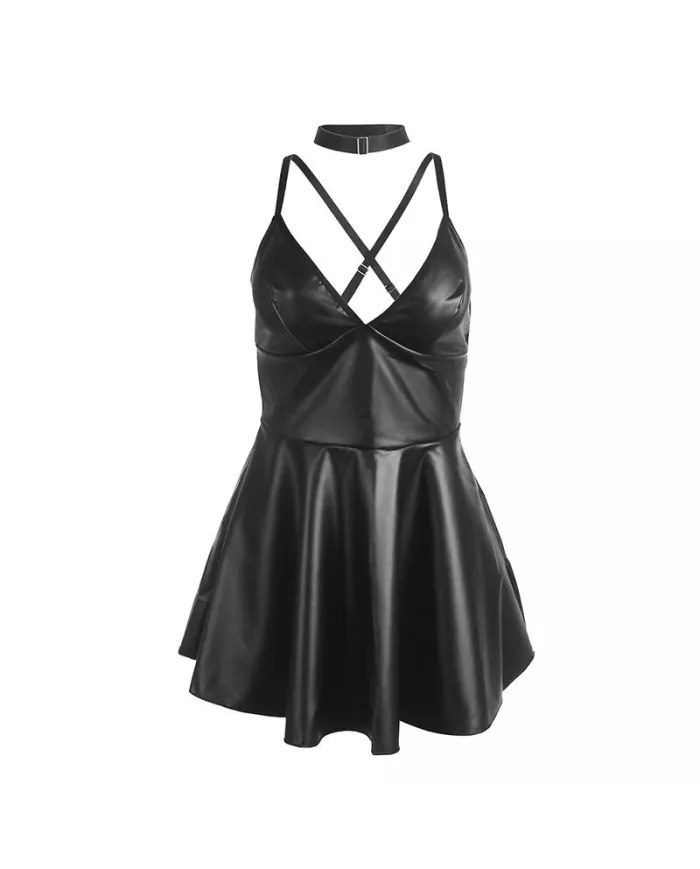 SUBBLIME - 955373 ROBE À BRETELLES EN CUIR NOIR S/M