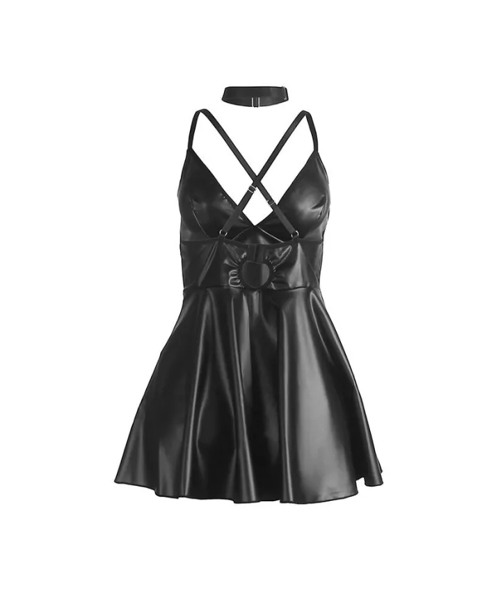 SUBBLIME - 955380 ROBE À BRETELLES EN CUIR NOIR L/XL