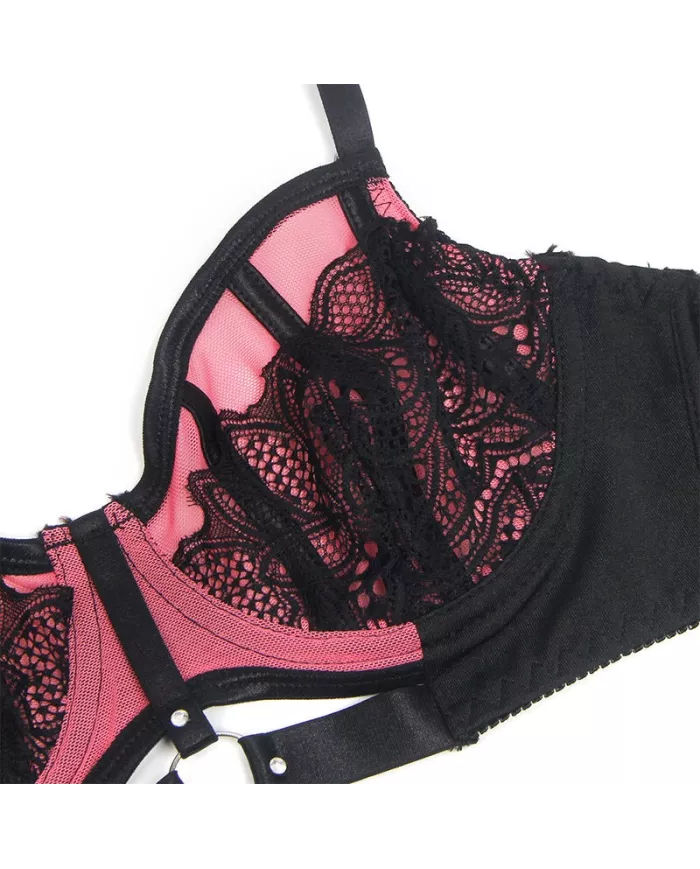 SUBBLIME - 955588 ENSEMBLE SOUTIEN-GORGE EN CUIR VERNI ROSE AVEC FERMETURE ÉCLAIR L/XL