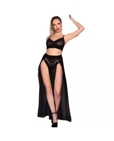 CHILIROSE - CR 4672 JUPE ET STRING NOIRS AVEC CHAÎNES DORÉS S