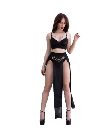 CHILIROSE - CR 4672 JUPE TOP NOIRE ET STRING AVEC CHAÎNES DORÉ XL