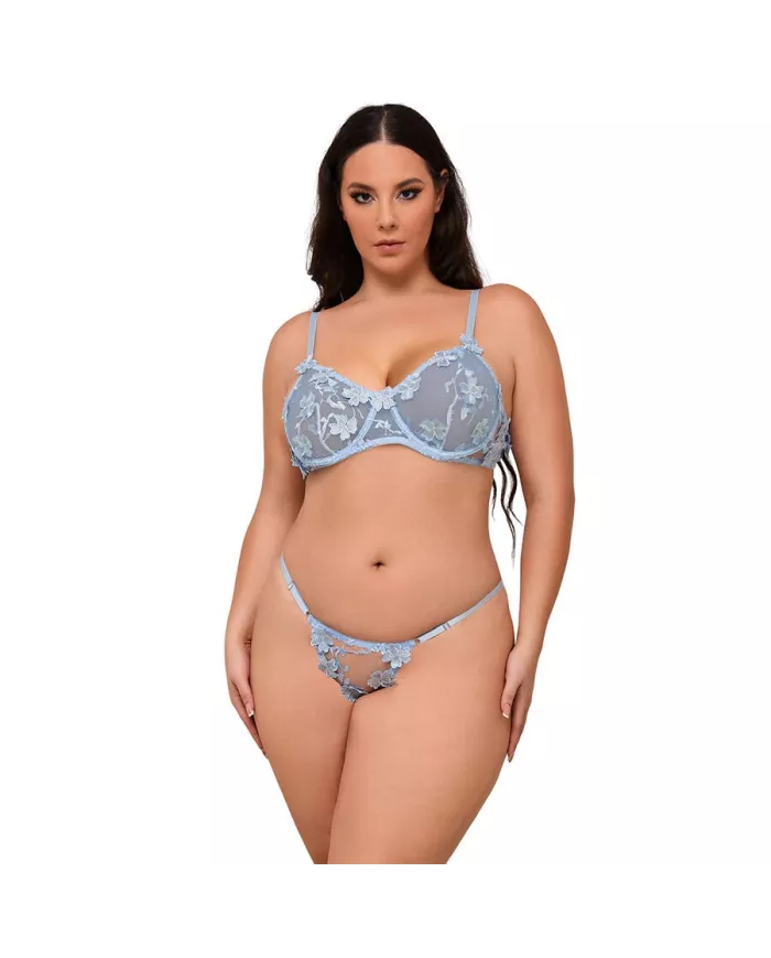 SUBBLIME - 957636 ENSEMBLE SOUTIEN-GORGE ET CULOTTE BRODÉS DE FLEURS BLEU CIEL L/XL