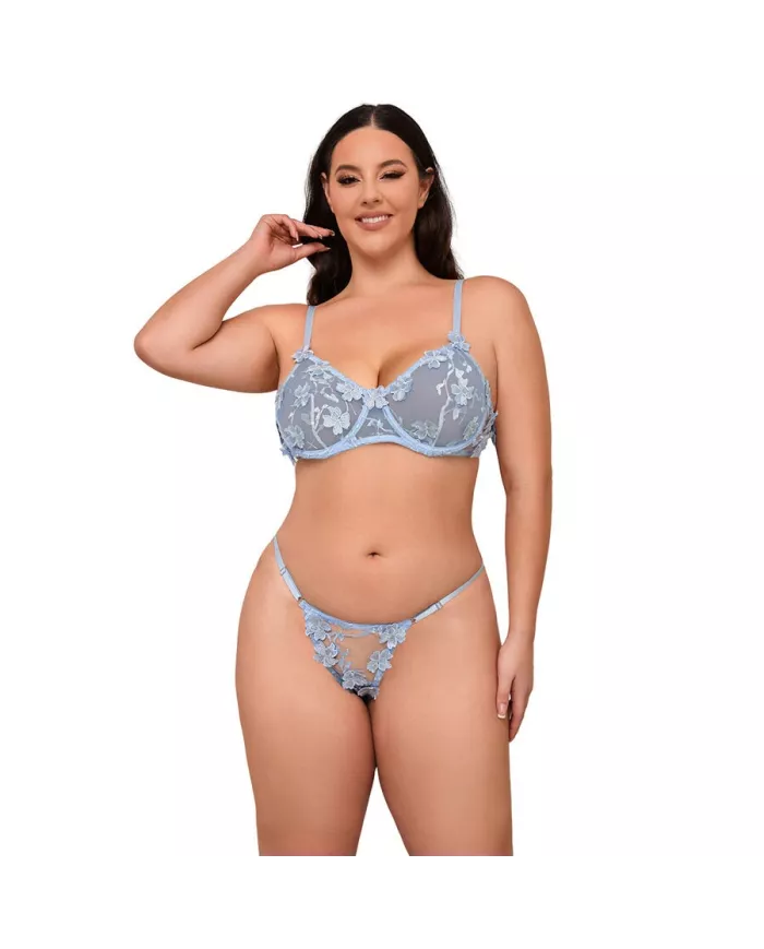 SUBBLIME - 957636 ENSEMBLE SOUTIEN-GORGE ET CULOTTE BRODÉS DE FLEURS BLEU CIEL L/XL