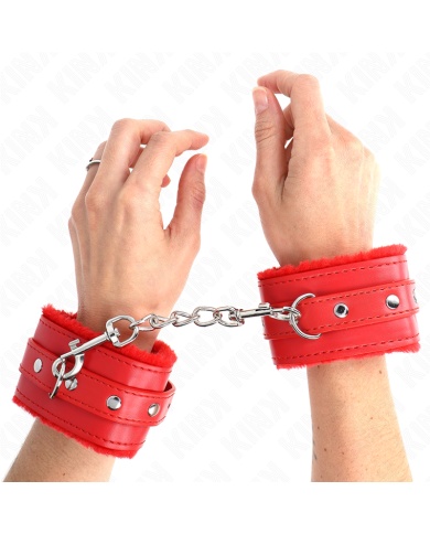 KINK - APPUI-POIGNETS DOUBLÉS DE FOURRURE PREMIUM ROUGE AVEC CEINTURE ROUGE RÉGLABLE 17-29 CM X 6 CM