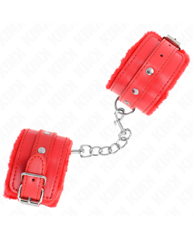 KINK - APPUI-POIGNETS DOUBLÉS DE FOURRURE PREMIUM ROUGE AVEC CEINTURE ROUGE RÉGLABLE 17-29 CM X 6 CM