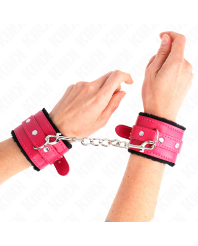 KINK - APPUI-POIGNETS DOUBLÉS DE FOURRURE PREMIUM NOIR AVEC CEINTURE ROSE FRAMBOISE AJUSTABLE 17-29 CM X 6 CM