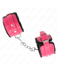 KINK - APPUI-POIGNETS DOUBLÉS DE FOURRURE PREMIUM NOIR AVEC CEINTURE ROSE FRAMBOISE AJUSTABLE 17-29 CM X 6 CM