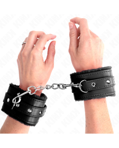KINK - APPUI-POIGNETS DOUBLÉS DE FOURRURE PREMIUM NOIR AVEC CEINTURE NOIRE RÉGLABLE 17-29 CM X 6 CM