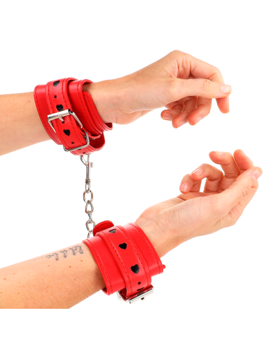 KINK - APPAREILS-POIGNETS ROUGES AVEC INCRUSTATION COEUR NOIR RÉGLABLE 21-28 CM X 5,5 CM