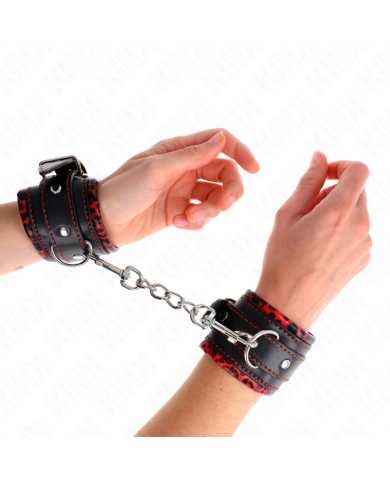 KINK - APPUI-POIGNETS DOUBLÉS DE FOURRURE ROUGE / NOIR RÉGLABLE 17-29 CM X 6 CM