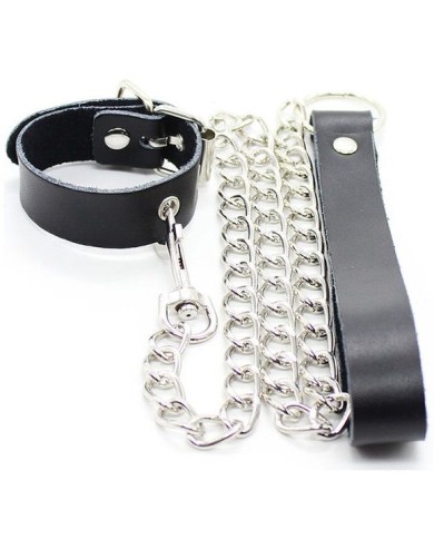 OHMAMA FETISH - COLLIER PÉNIS ET BRACELET EN CUIR AVEC CHAÎNE MÉTALLIQUE