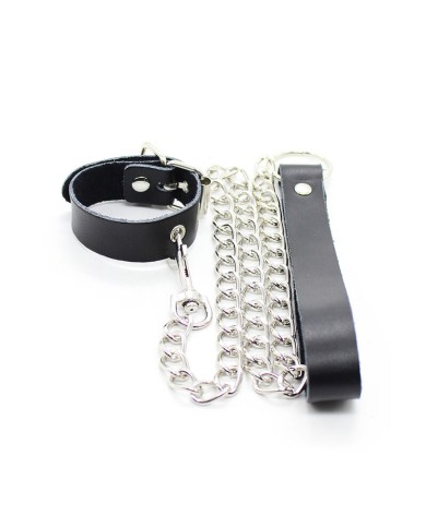 OHMAMA FETISH - COLLIER PÉNIS ET BRACELET EN CUIR AVEC CHAÎNE MÉTALLIQUE