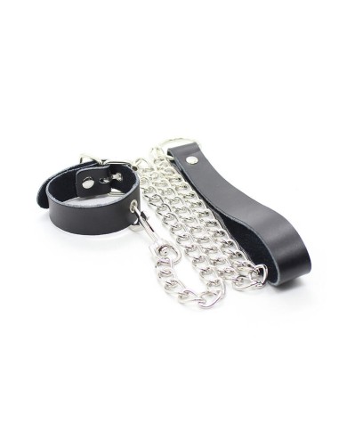 OHMAMA FETISH - COLLIER PÉNIS ET BRACELET EN CUIR AVEC CHAÎNE MÉTALLIQUE