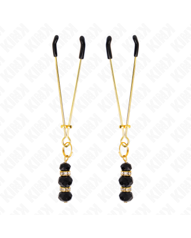 KINK - PINCES À TETON FINES OR AVEC 3 BILLES DE VERRE NOIR 7 CM