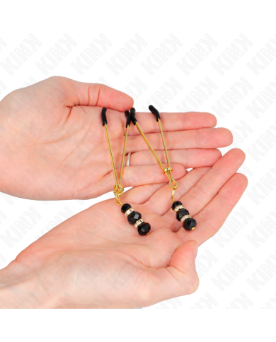 KINK - PINCES À TETON FINES OR AVEC 3 BILLES DE VERRE NOIR 7 CM