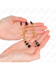 KINK - PINCES À TETON FINES OR AVEC 3 BILLES DE VERRE NOIR 7 CM