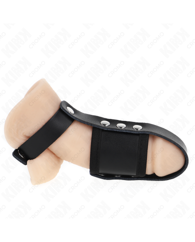 KINK - ANNEAU DE CAGE À PÉNIS EN CUIR AVEC SANGLE RÉGLABLE DE SÉPARATION DES BALLES REVÊTUEUSE