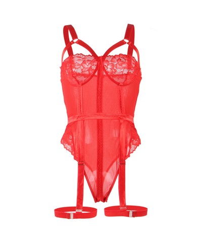 SUBBLIME - TEDDY AVEC JARRETIÈRE DÉTAIL POITRINE ROUGE S/M