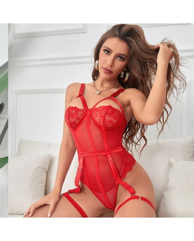 SUBBLIME - TEDDY AVEC JARRETIÈRE DÉTAIL POITRINE ROUGE S/M