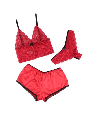 SUBBLIME - 953898 CHEMISIER DE NUIT EN SOIE ET DENTELLE + CULOTTE ROUGE S/M