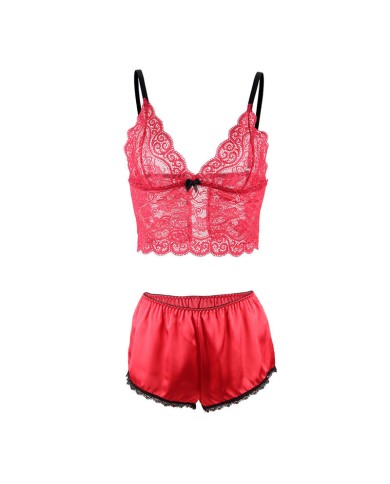 SUBBLIME - 953904 CHEMISIER DE NUIT EN SOIE ET DENTELLE + CULOTTE ROUGE L/XL