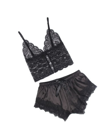 SUBBLIME - 953942 CHEMISE DE NUIT DÉCONTRACTÉE EN SOIE + PANTALON EN DENTELLE NOIR L/XL