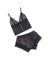 SUBBLIME - 953942 CHEMISE DE NUIT DÉCONTRACTÉE EN SOIE + PANTALON EN DENTELLE NOIR L/XL