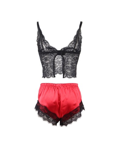 SUBBLIME - 953959 CHEMISE DE NUIT DÉCONTRACTÉE EN SOIE + PANTALON EN DENTELLE NOIR/ROUGE S/M