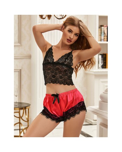 SUBBLIME - 953959 CHEMISE DE NUIT DÉCONTRACTÉE EN SOIE + PANTALON EN DENTELLE NOIR/ROUGE S/M