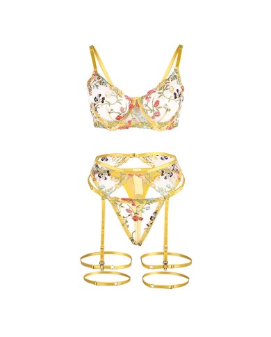 SUBBLIME - 954345 SOUTIEN-GORGE + STRING + PORTE-JARRETELLES MOTIF FLORAL JAUNE S/M