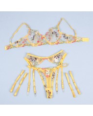 SUBBLIME - 954352 SOUTIEN-GORGE + STRING + PORTE-JARRETELLES MOTIF FLORAL JAUNE L/XL
