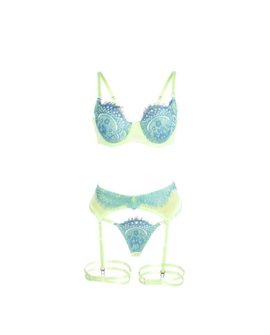 SUBBLIME - 955311 ENSEMBLE SOUTIEN-GORGE AVEC LIGNES DENTELLE ET JARRETELLE VERT ET BLEU S/M